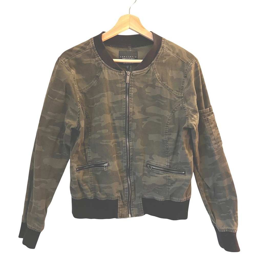 Sanctuary Green Camo Bomber Jacket‎ Military Zipper Pockets Women's M